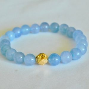Crystal Bead Bracelet Faith Pastel Blue Angelite Gold Lava Stone Blue Gold